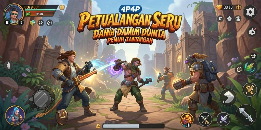 Screenshot gameplay 4P4P menunjukkan pemain menjelajahi dunia yang kaya akan tantangan.