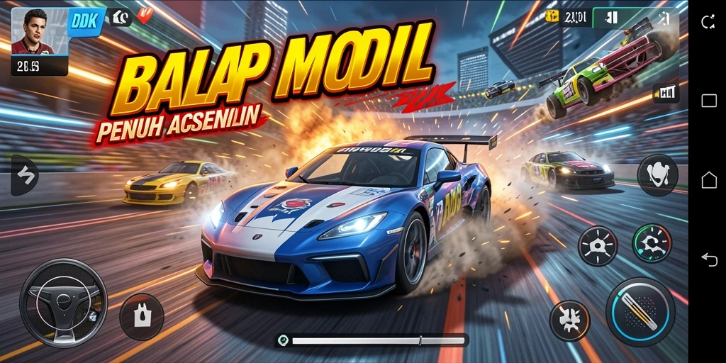 Gameplay DKK yang seru dengan mobil balap di trek menantang.