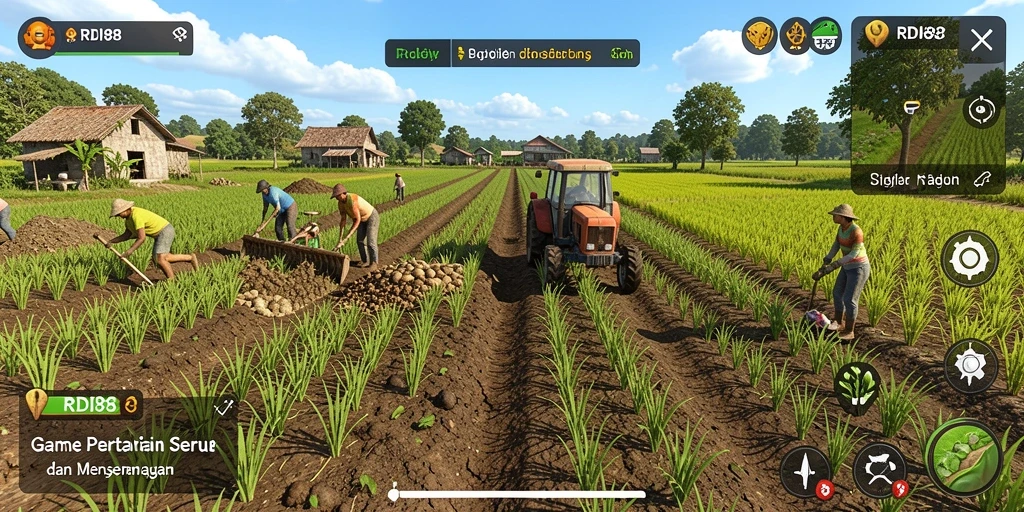 Screenshot gameplay RDI88 menampilkan kebun pertanian yang indah dan hewan ternak.