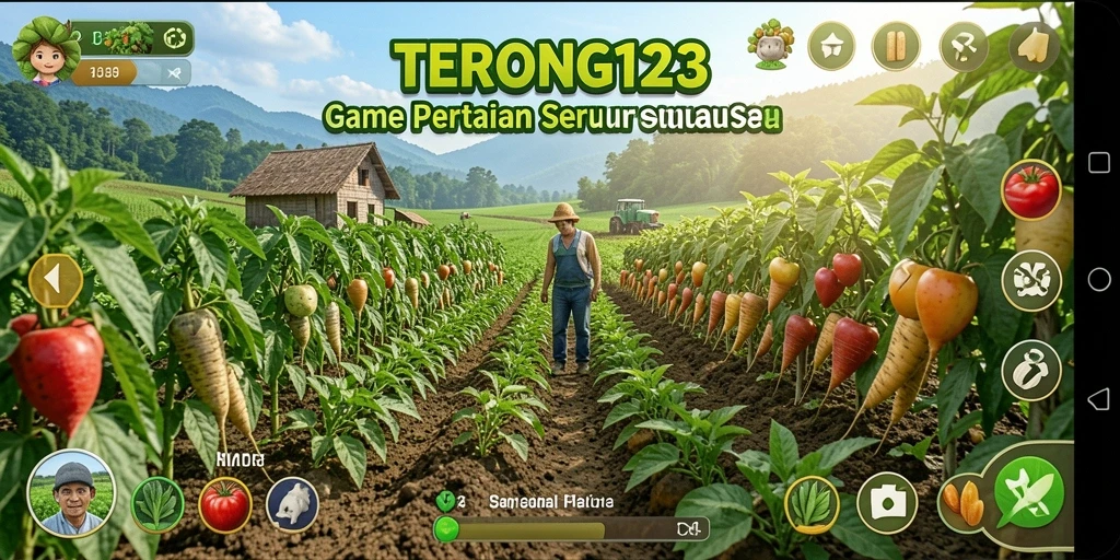 Screenshot menunjukkan gameplay pertanian yang menyenangkan dan interaktif.